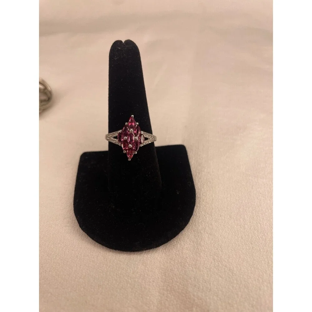 Sterling Silver 925 Pink Rhodolite Garnet Marquise Cluster Statement Ring Size 8